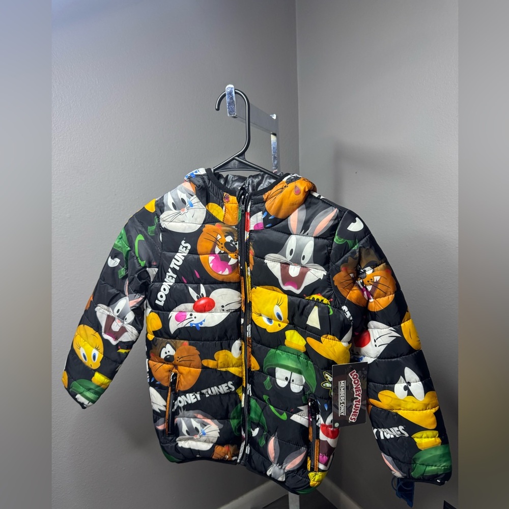 Members Only Black Multicolor Cartoon Print Puffer Jacket